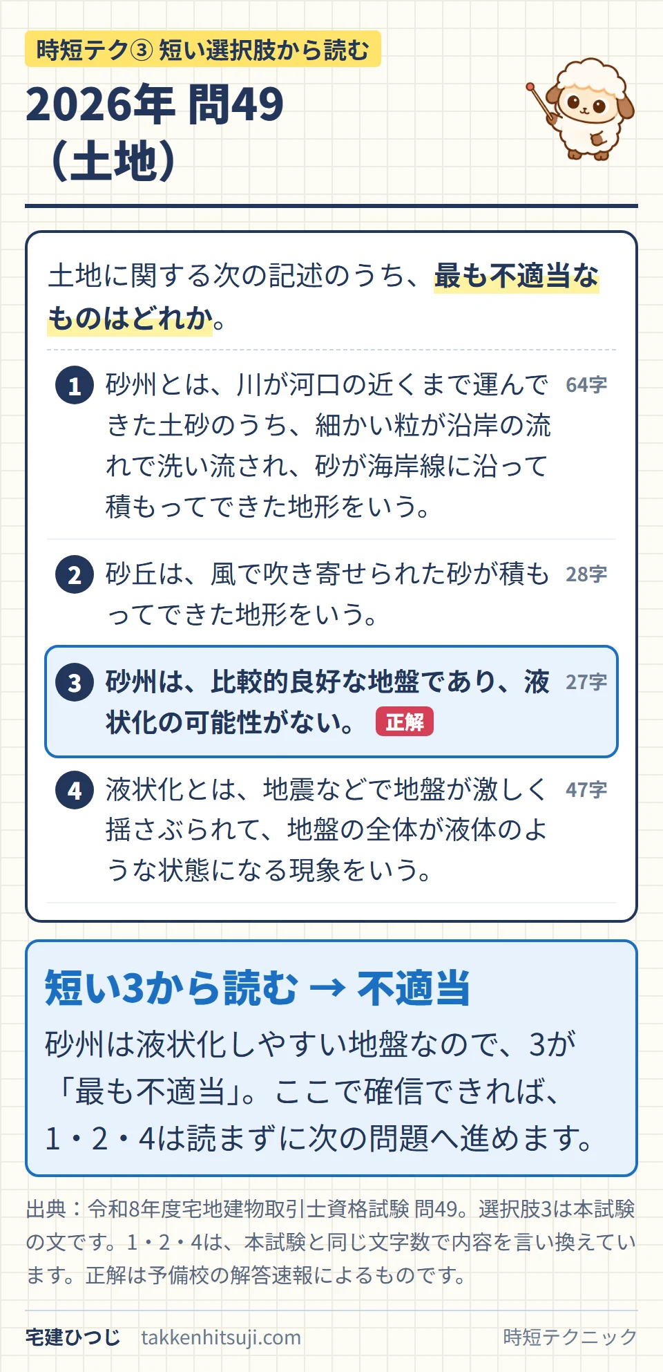 2026年宅建試験 問49の4つの選択肢。1が64字、2が28字、3が27字、4が47字。いちばん短い3が正解