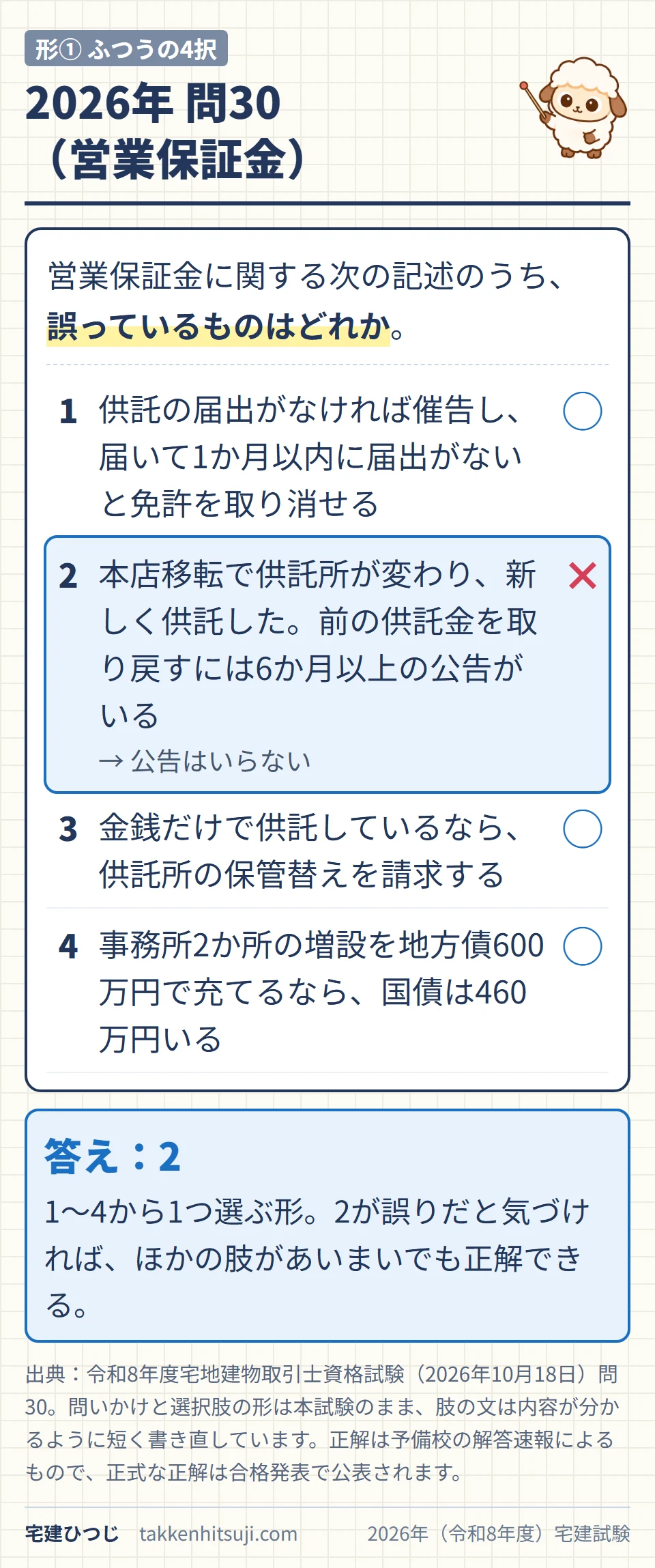 2026年宅建試験 問30（営業保証金）。誤っているものはどれかを1〜4から選ぶふつうの4択。正解は2